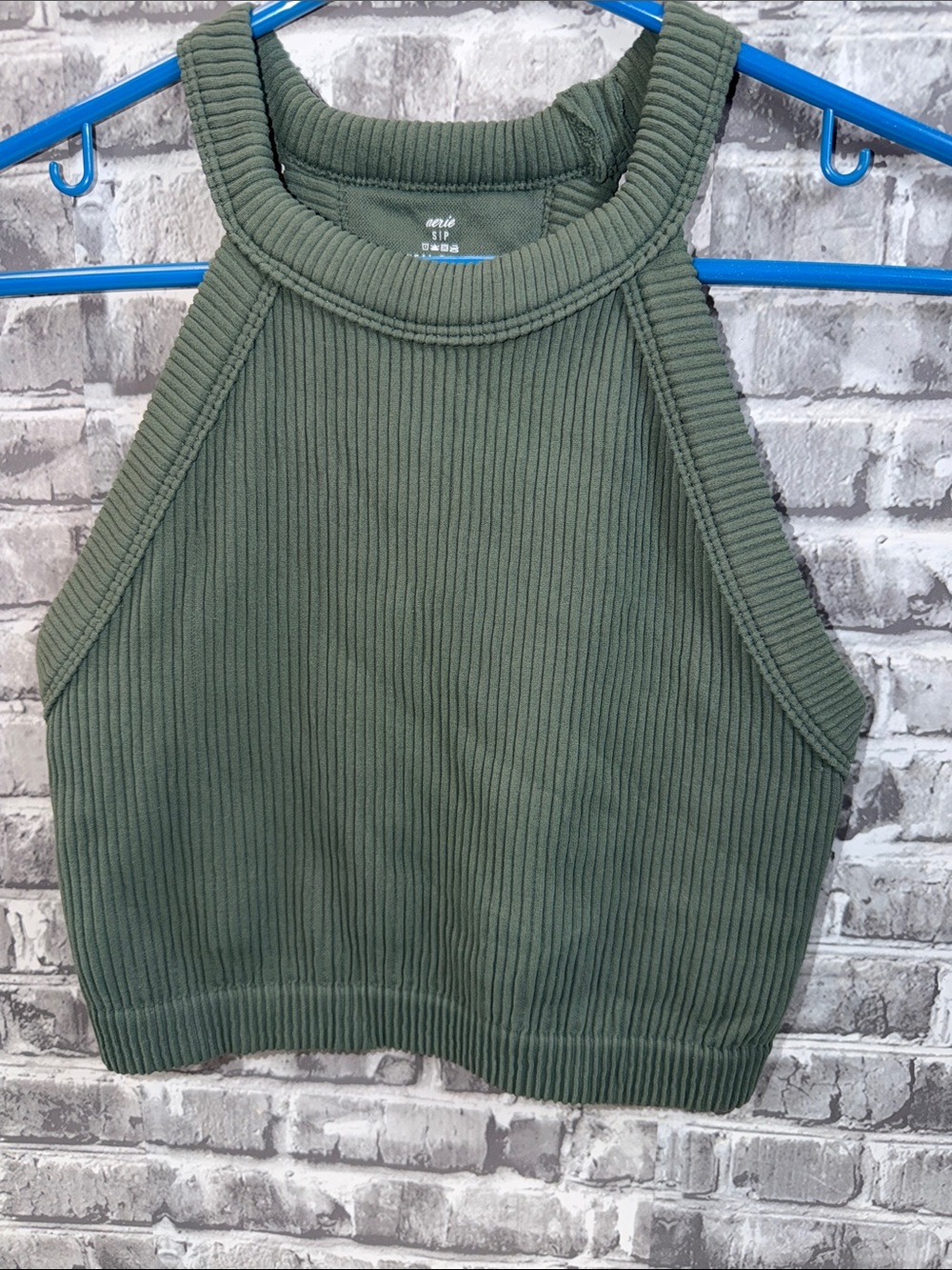 Aerie Ribbed High Neck Tank Crop Top - Olive Green - Picture 2 of 6